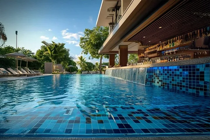 Poolside bar and pool deck at Candeur Eternia, Bachupally, Hyderabad