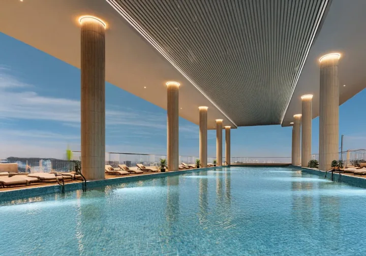 Rooftop swimming pool with colonnade at Candeur Eternia, Bachupally, Hyderabad